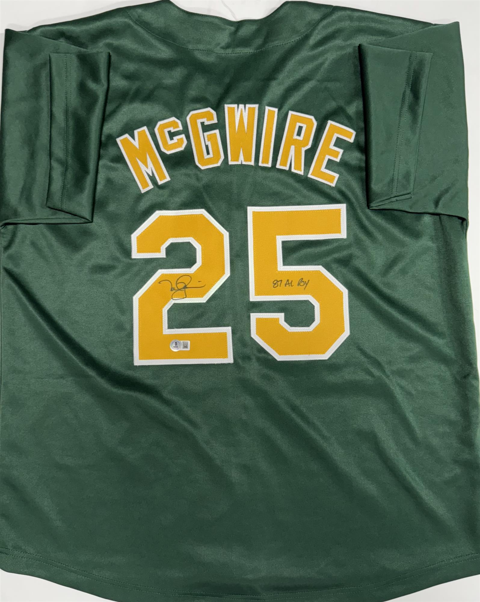 MARK MCGWIRE SIGNED CUSTOM REPLICA ATHLETICS JERSEY W/ '87 AL ROY - BAS