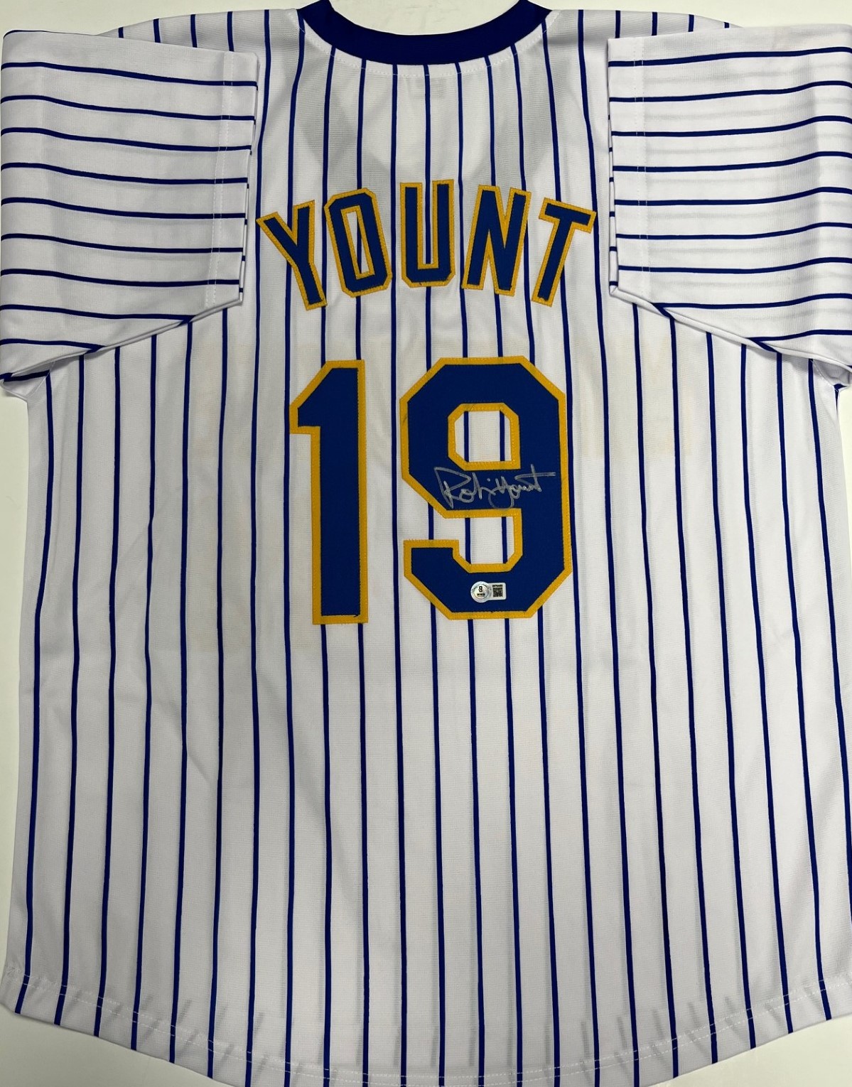 ROBIN YOUNT SIGNED CUSTOM REPLICA BREWERS PINSTRIPE JERSEY - BAS