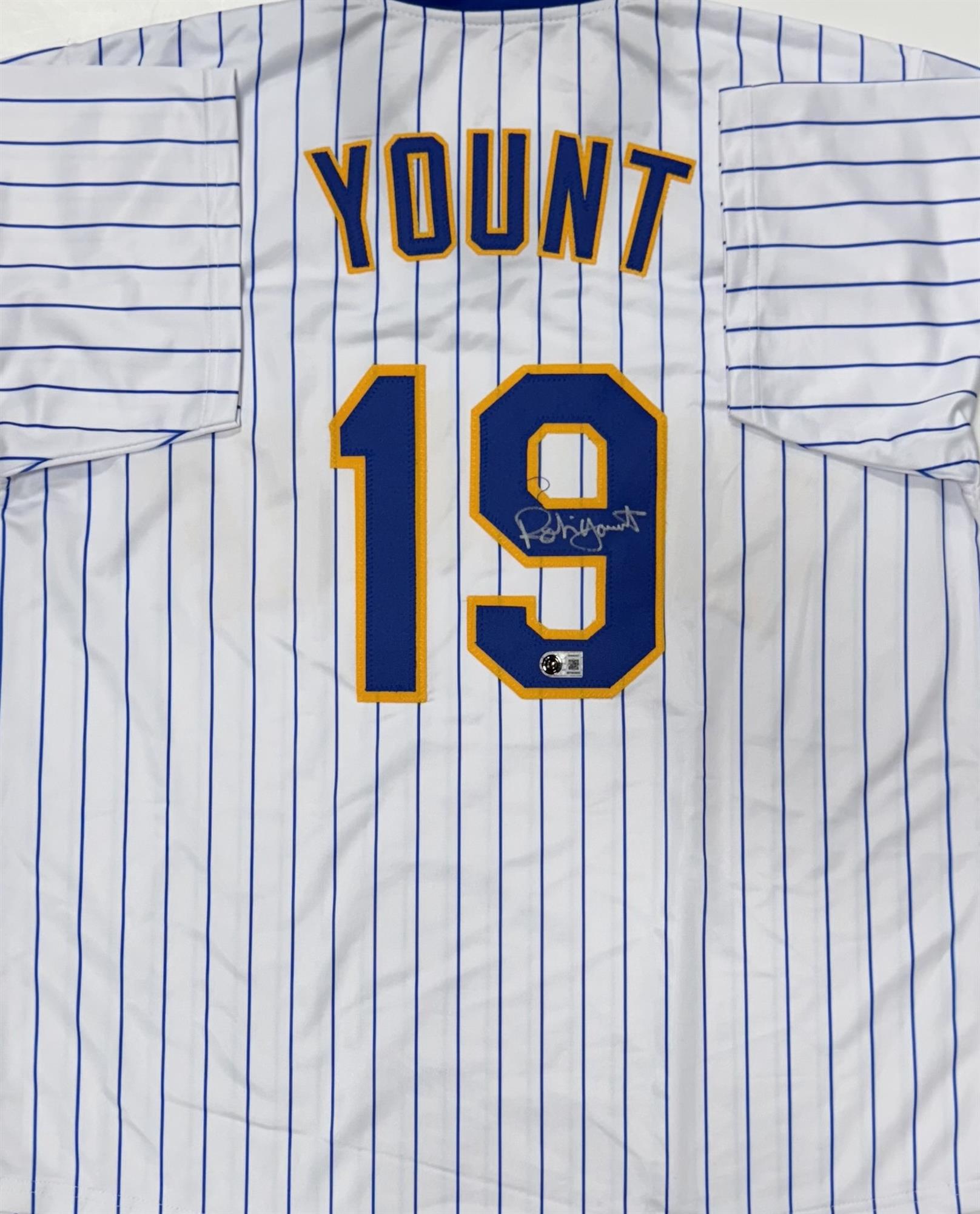 ROBIN YOUNT SIGNED CUSTOM REPLICA BREWERS PINSTRIPE JERSEY - BAS