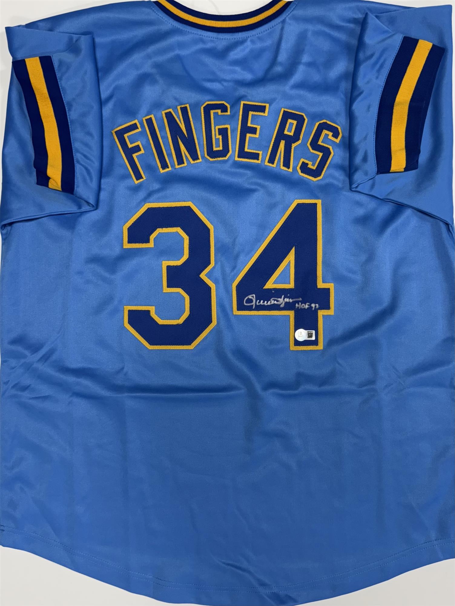 ROLLIE FINGERS SIGNED CUSTOM BREWERS BLUE JERSEY W/ HOF '92 - BAS