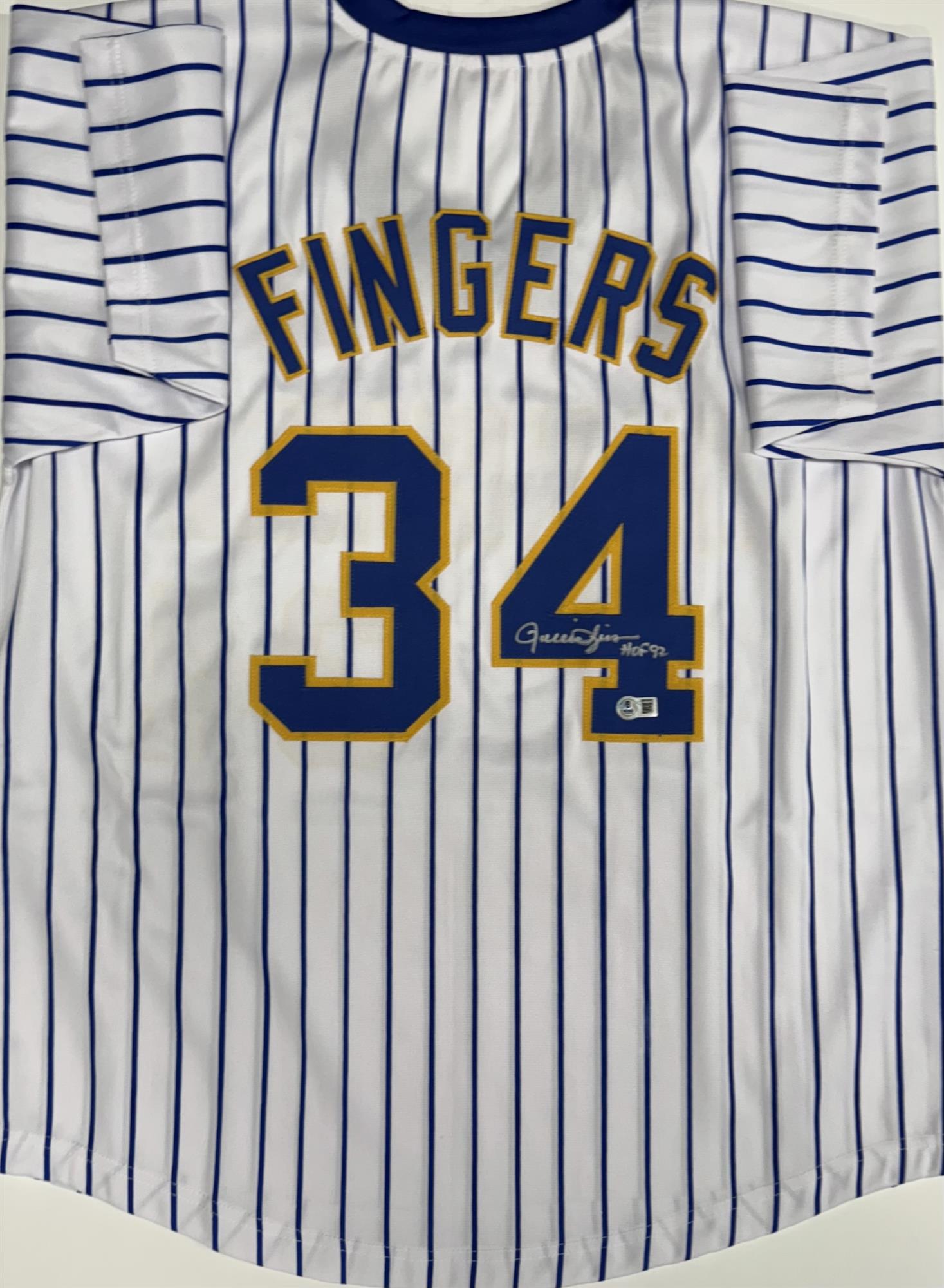 ROLLIE FINGERS SIGNED CUSTOM REPLICA BREWERS PINSTRIPE JERSEY W/ HOF '92 - BAS