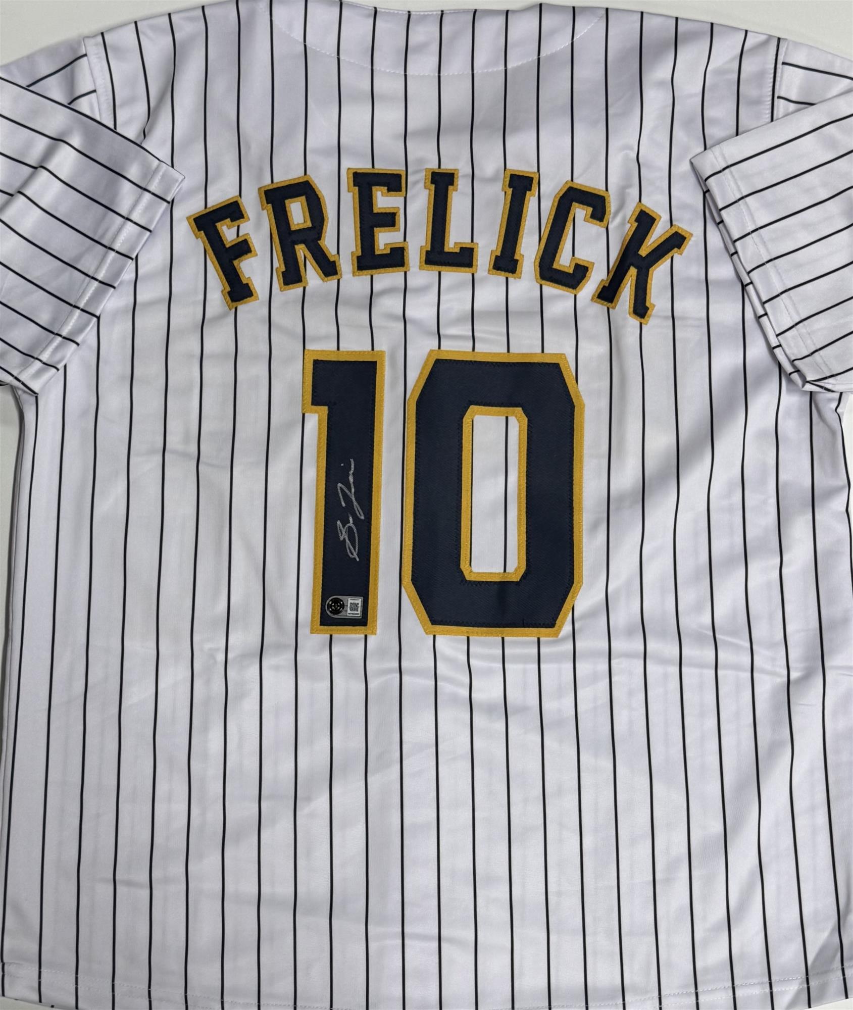 SAL FRELICK SIGNED CUSTOM REPLICA BREWERS PINSTRIPE JERSEY - BAS