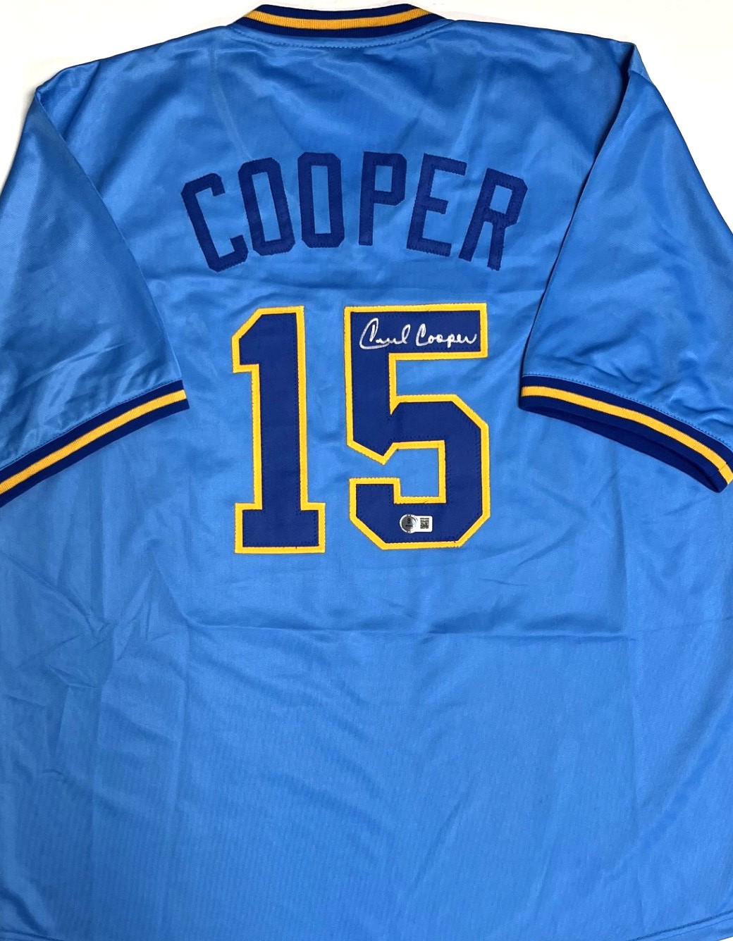 CECIL COOPER SIGNED CUSTOM REPLICA BREWERS BLUE JERSEY - BAS