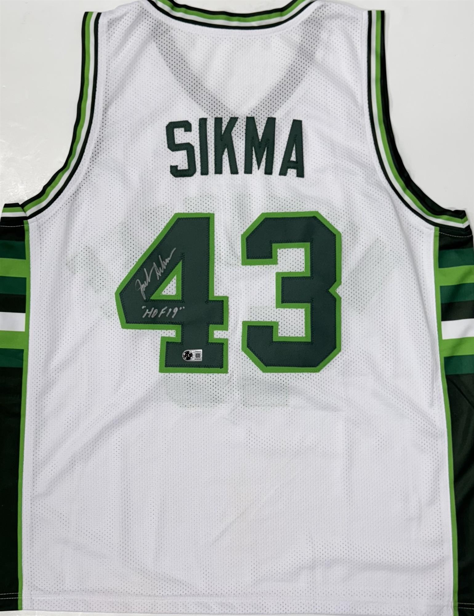 JACK SIKMA SIGNED CUSTOM REPLICA WHITE BUCKS JERSEY W/ HOF - BAS