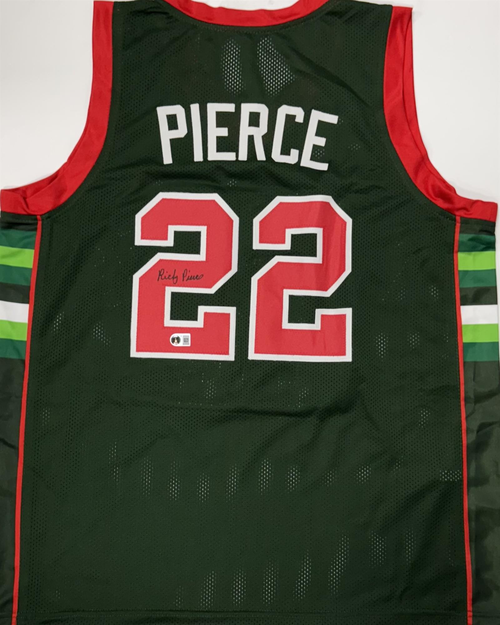 RICKY PIERCE SIGNED CUSTOM REPLICA GREEN / RED BUCKS JERSEY - BAS