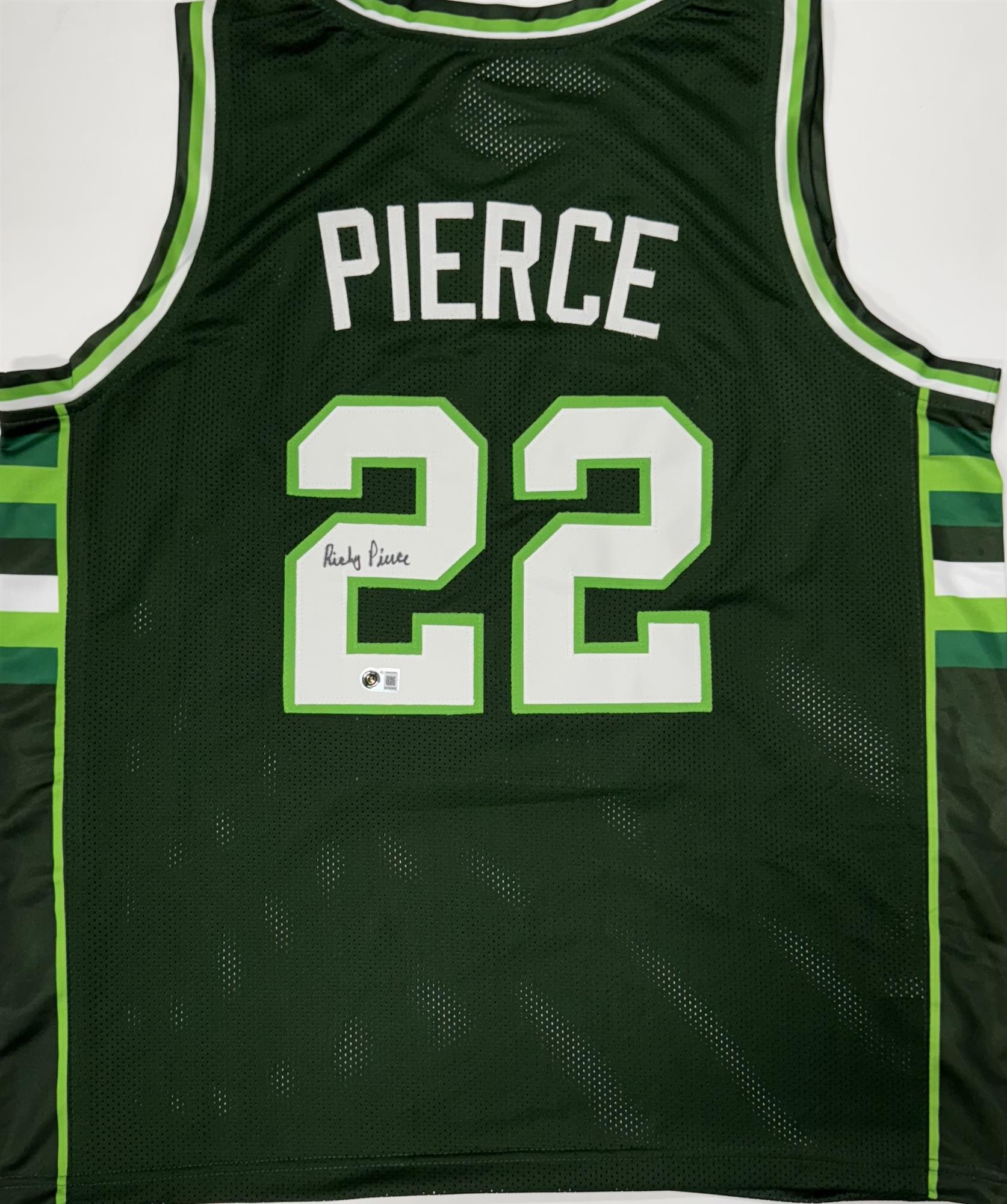 RICKY PIERCE SIGNED CUSTOM REPLICA GREEN / WHITE BUCKS JERSEY - BAS
