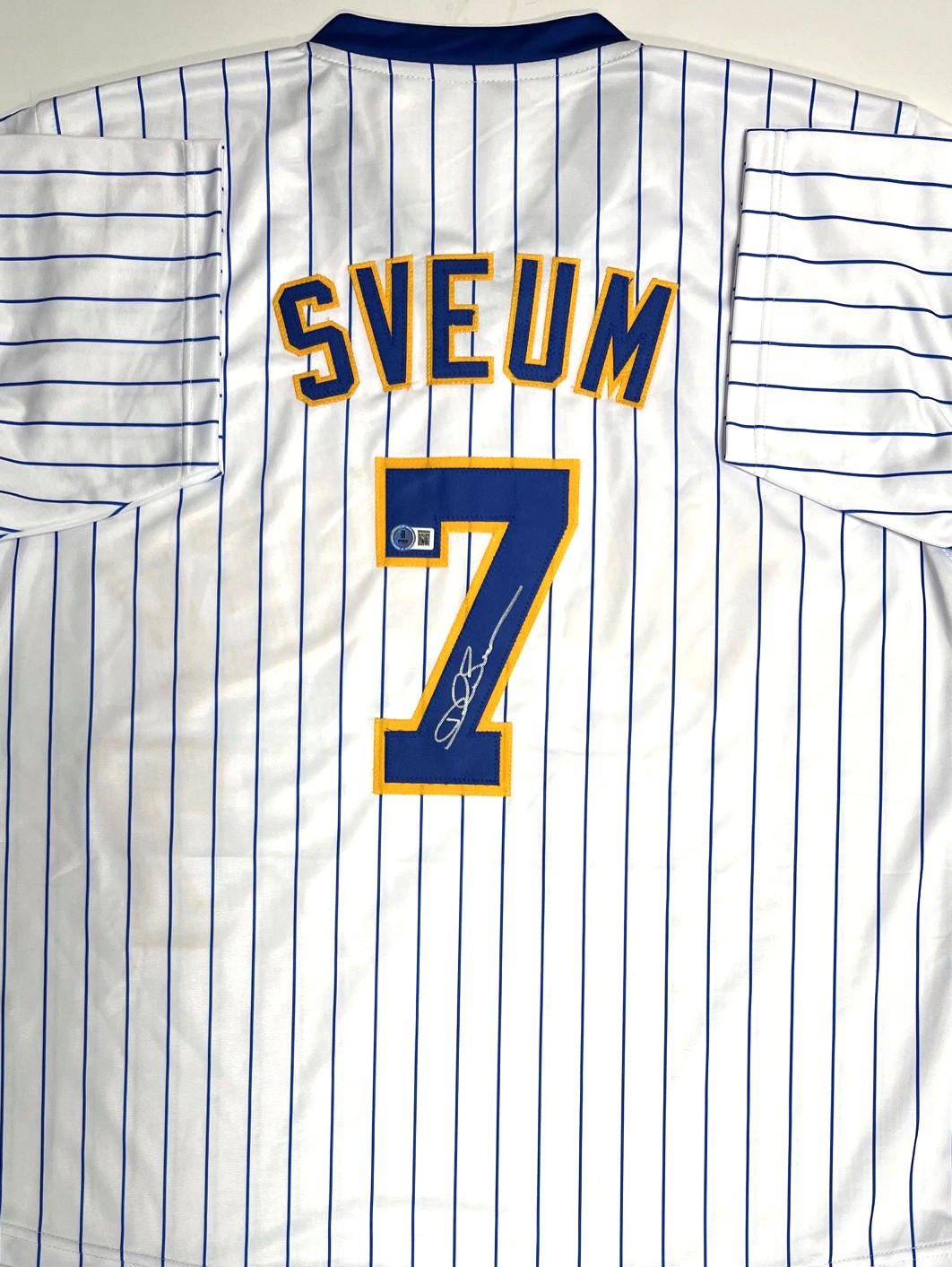 DALE SVEUM SIGNED CUSTOM REPLICA BREWERS PINSTRIPE JERSEY - BAS