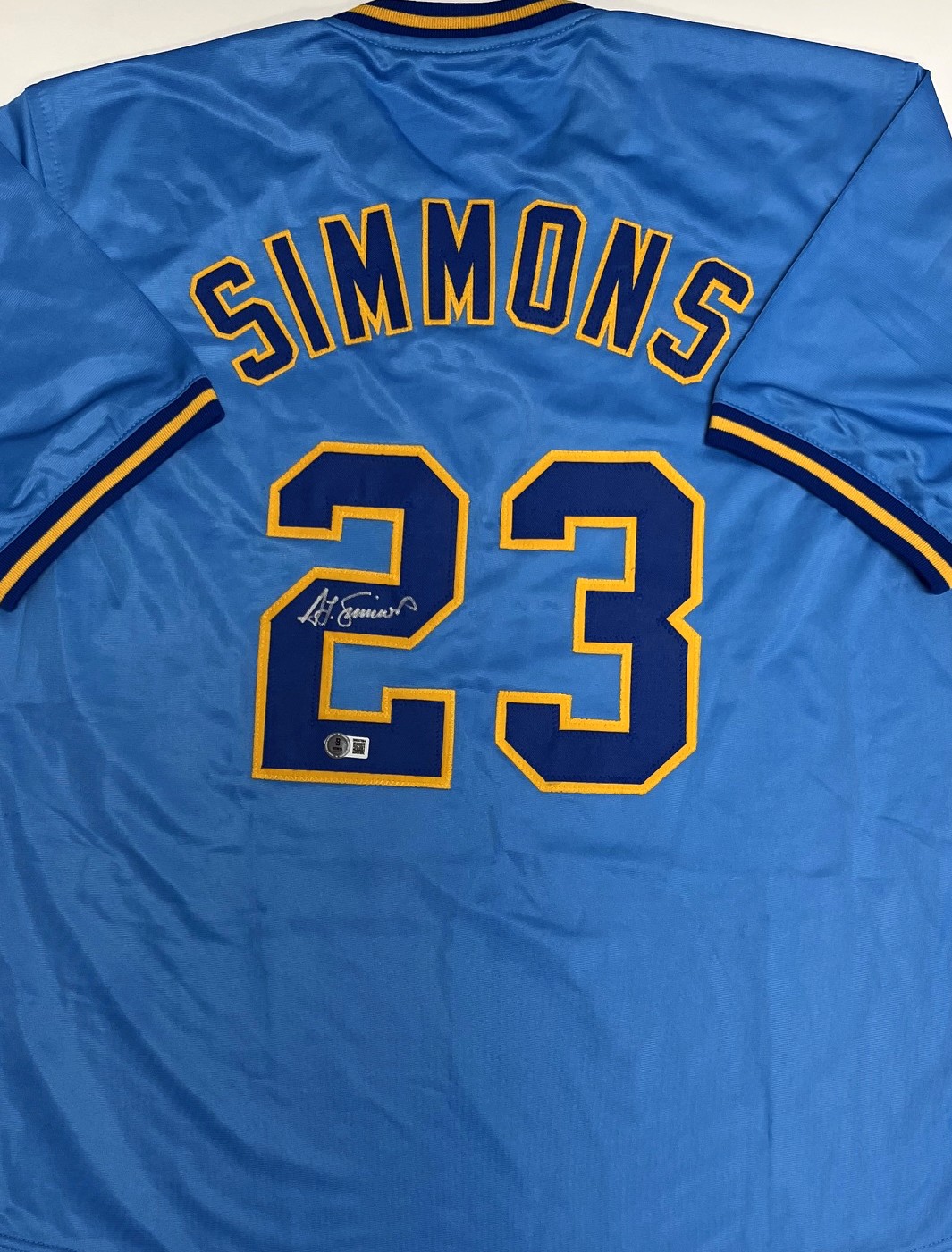TED SIMMONS SIGNED CUSTOM REPLICA BREWERS BLUE JERSEY - BAS