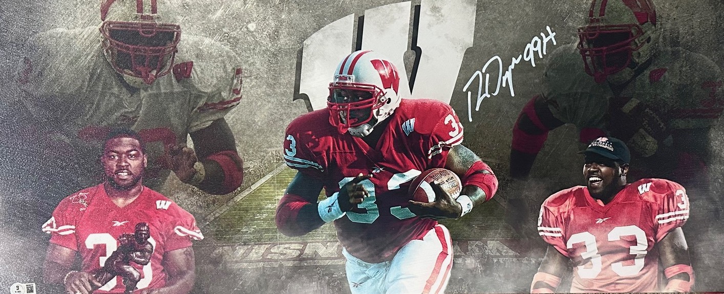 RON DAYNE SIGNED 13X31 STRETCHED CUSTOM WI BADGERS CANVAS COLLAGE - BAS