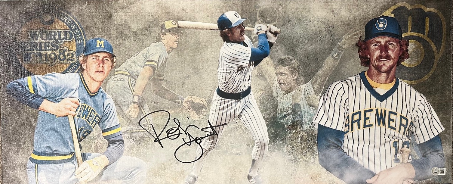 ROBIN YOUNT SIGNED 13X31 STRETCHED CUSTOM BREWERS CANVAS COLLAGE - BAS