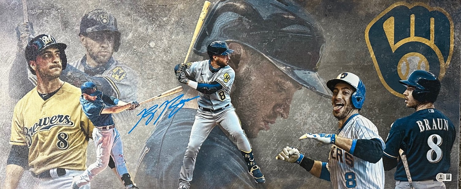 RYAN BRAUN SIGNED 13X31 STRETCHED CUSTOM BREWERS CANVAS COLLAGE - BAS