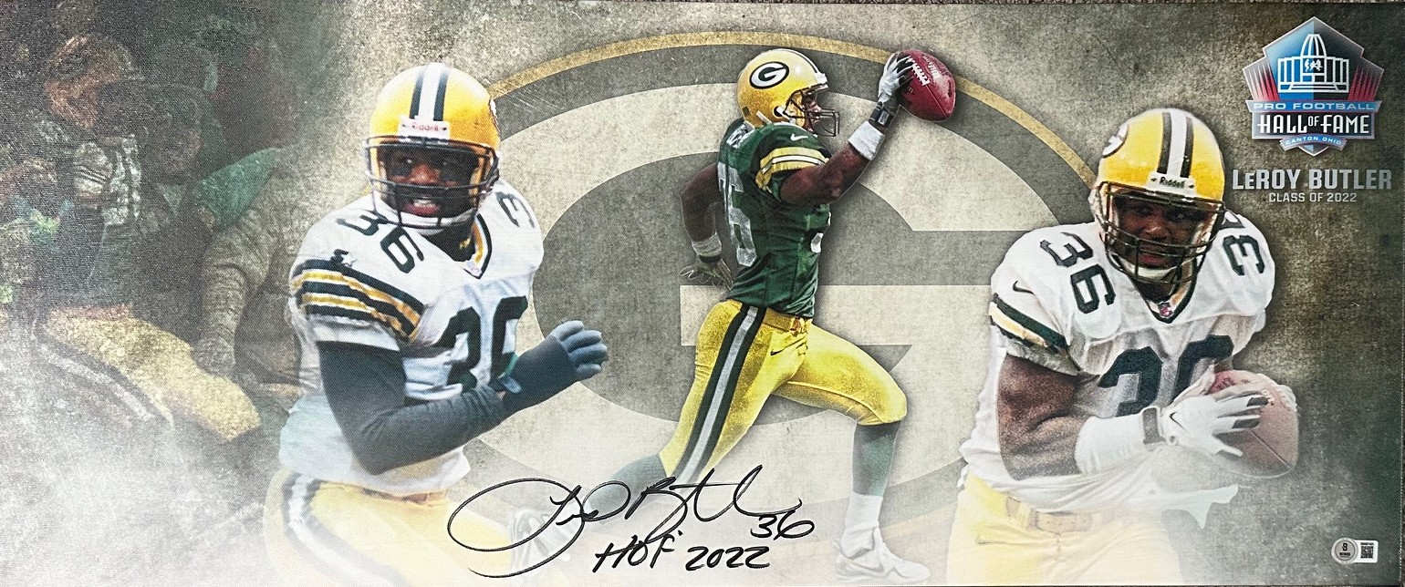 LEROY BUTLER SIGNED 13X31 STRETCHED CUSTOM PACKERS CANVAS COLLAGE - BAS
