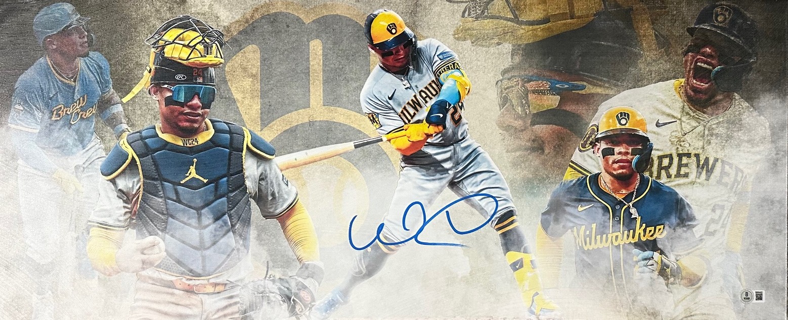 WILLIAM CONTRERAS SIGNED 13X31 STRETCHED CUSTOM BREWERS CANVAS COLLAGE - BAS