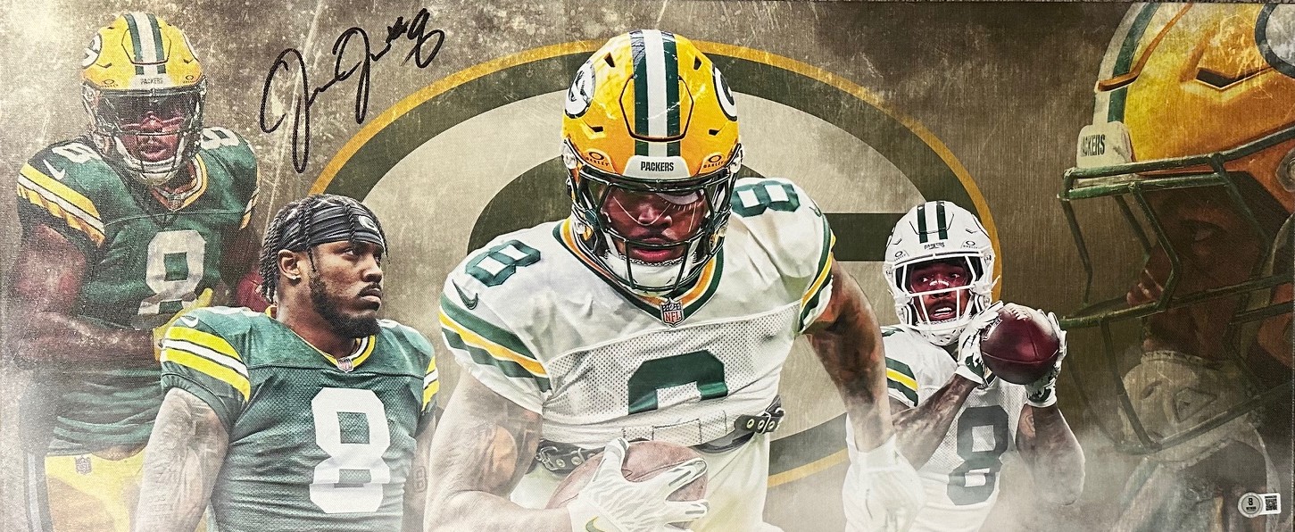 JOSH JACOBS SIGNED 13X31 STRETCHED CUSTOM PACKERS CANVAS COLLAGE - BAS