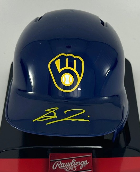 SAL FRELICK SIGNED RAWLINGS BREWERS BLUE MINI HELMET - BAS