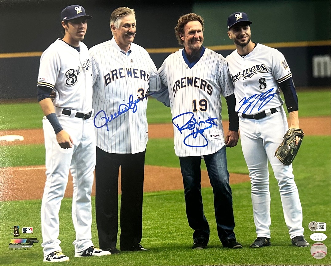 ROBIN YOUNT, ROLLIE FINGERS & RYAN BRAUN SIGNED 16X20 BREWERS PHOTO- BAS