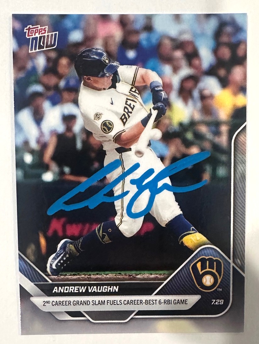 ANDREW VAUGHN SIGNED 2025 TOPPS NOW BREWERS CARD #485