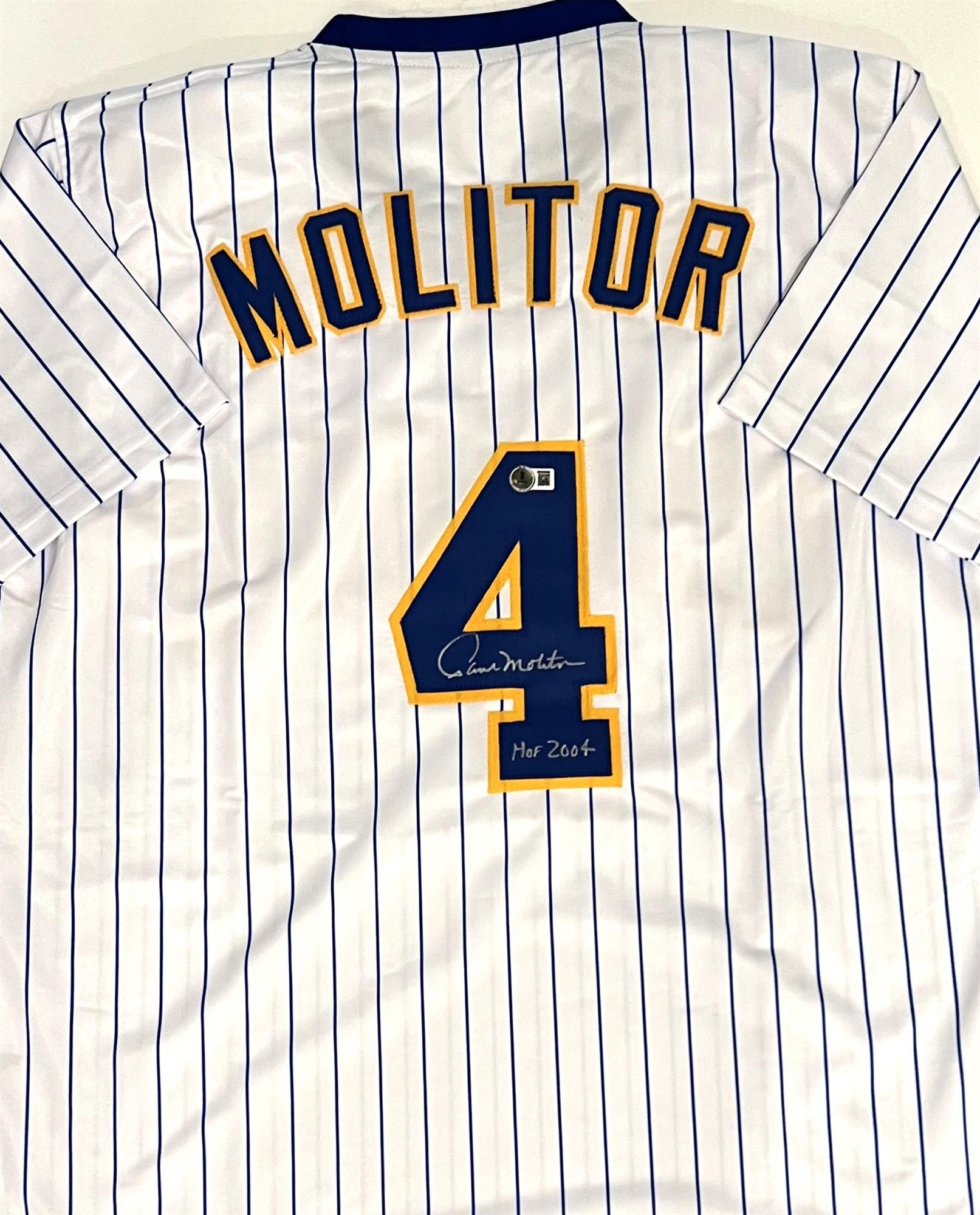 PAUL MOLITOR SIGNED CUSTOM REPLICA BREWERS PINSTRIPE JERSEY W/ HOF - BAS