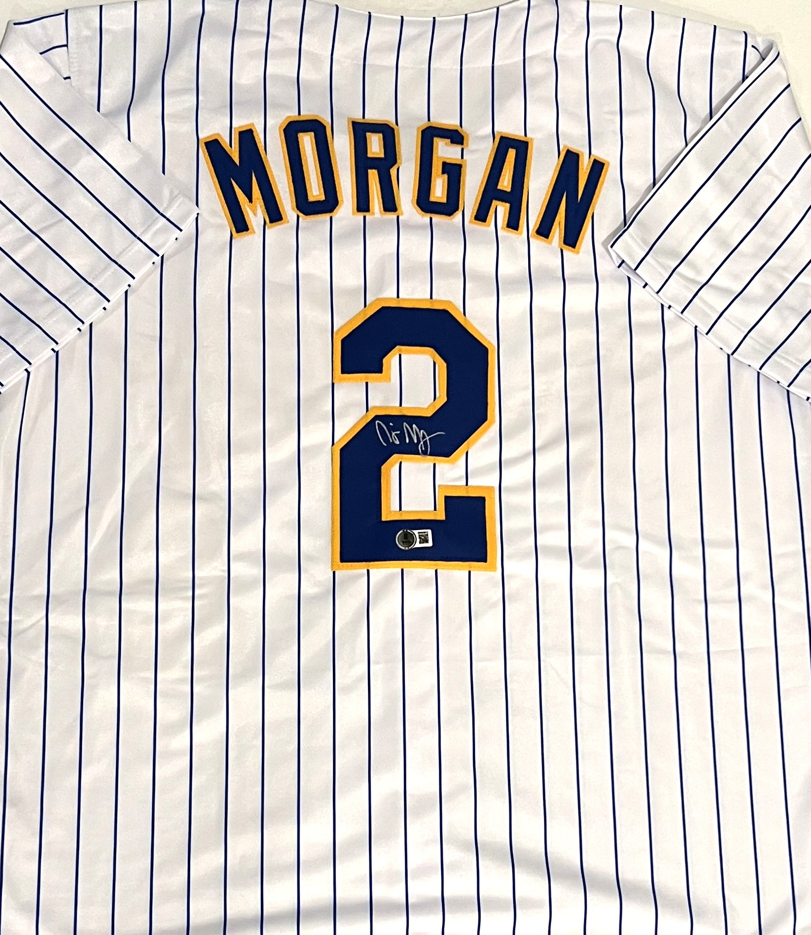 NYJER MORGAN SIGNED CUSTOM REPLICA BREWERS PINSTRIPE JERSEY - BAS