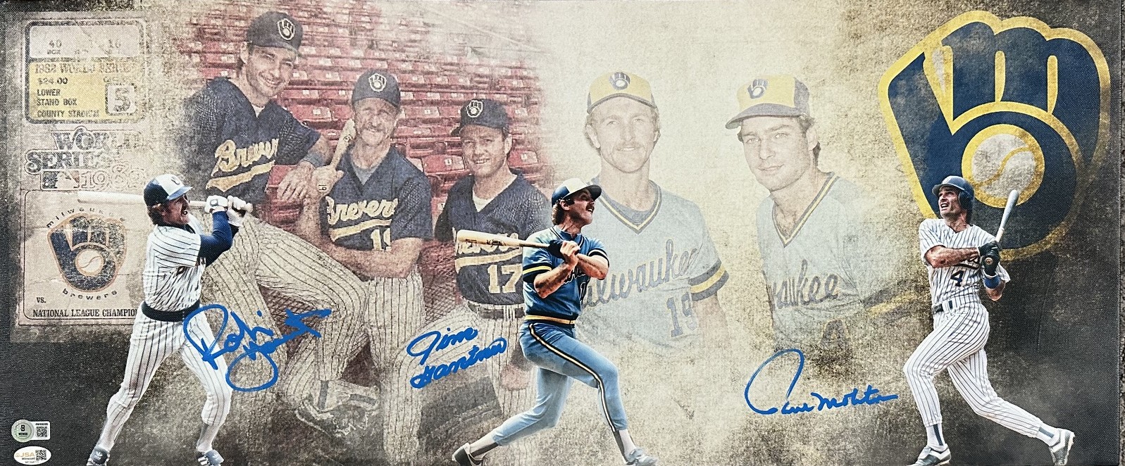 ROBIN YOUNT PAUL MOLITOR JIM GANTNER SIGNED 13X31 STRETCHED CUSTOM BREWERS CANVAS COLLAGE - BAS JSA