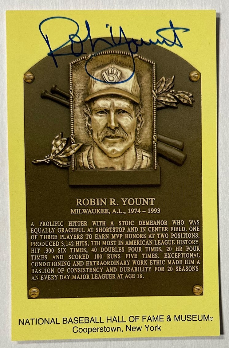 ROBIN YOUNT SIGNED HALL OF FAME 4X6 PLAQUE CARD - BREWERS