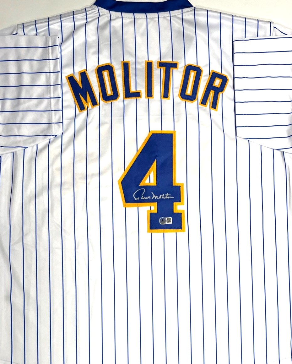 PAUL MOLITOR SIGNED CUSTOM REPLICA BREWERS PINSTRIPE JERSEY - BAS