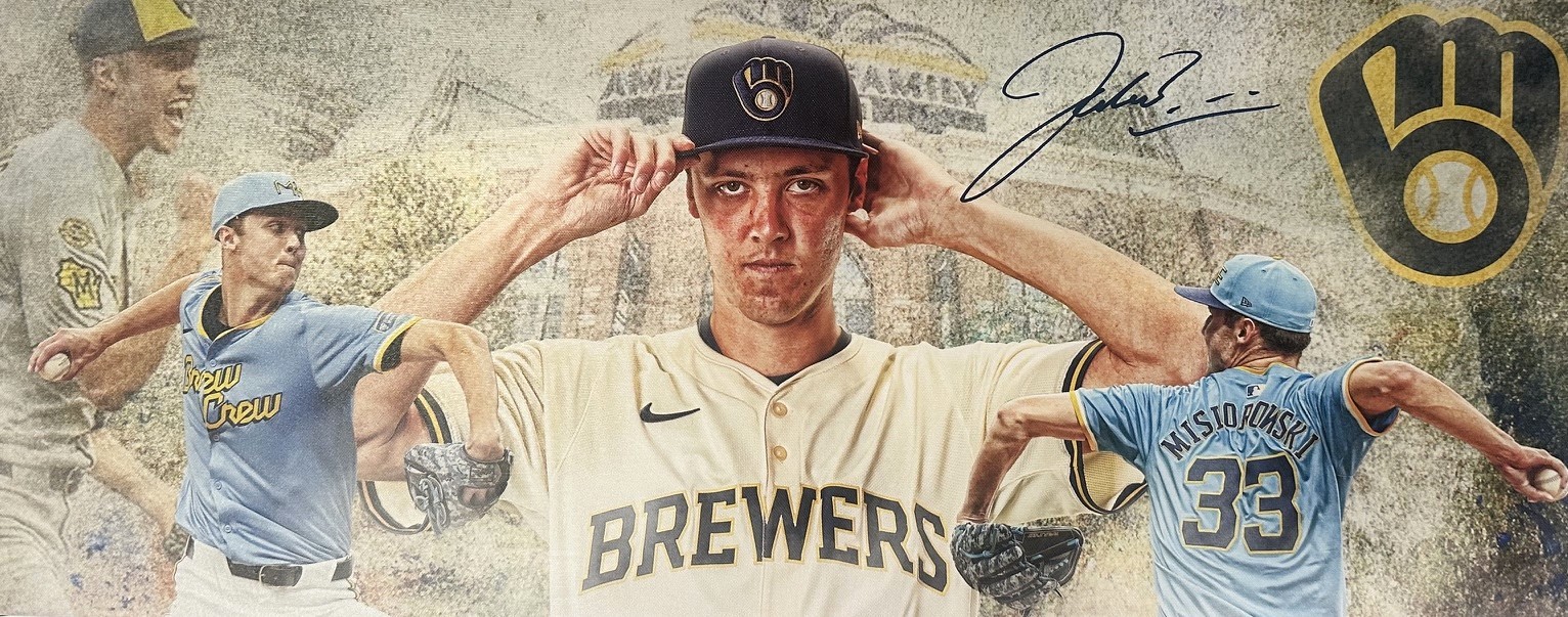 JACOB MISIOROWSKI SIGNED 13X31 STRETCHED CUSTOM BREWERS CANVAS COLLAGE - BAS