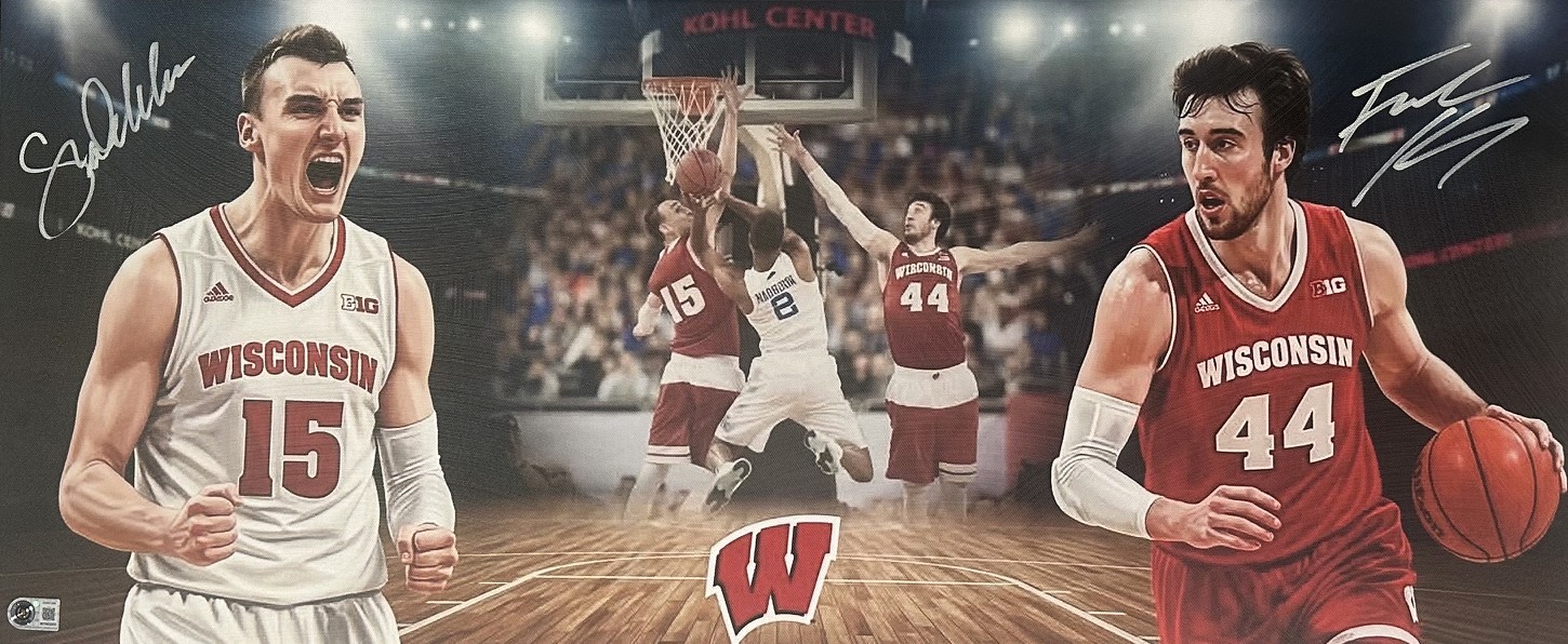 FRANK KAMINSKI & SAM DEKKER DUAL SIGNED 13X31 STRETCHED CUSTOM BADGERS CANVAS COLLAGE - BAS