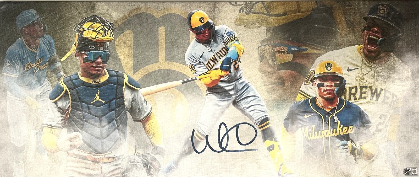 WILLIAM CONTRERAS SIGNED 13X31 STRETCHED CUSTOM BREWERS CANVAS COLLAGE - BAS