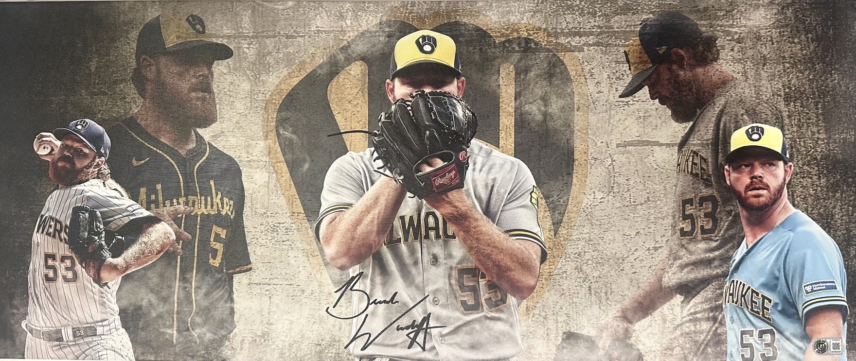 BRANDON WOODRUFF SIGNED 13X31 STRETCHED CUSTOM BREWERS CANVAS COLLAGE - BAS