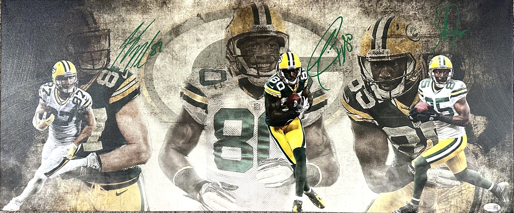 DRIVER, NELSON & JENNINGS TRIPLE SIGNED 13X31 STRETCHED CUSTOM PACKERS CANVAS COLLAGE - JSA
