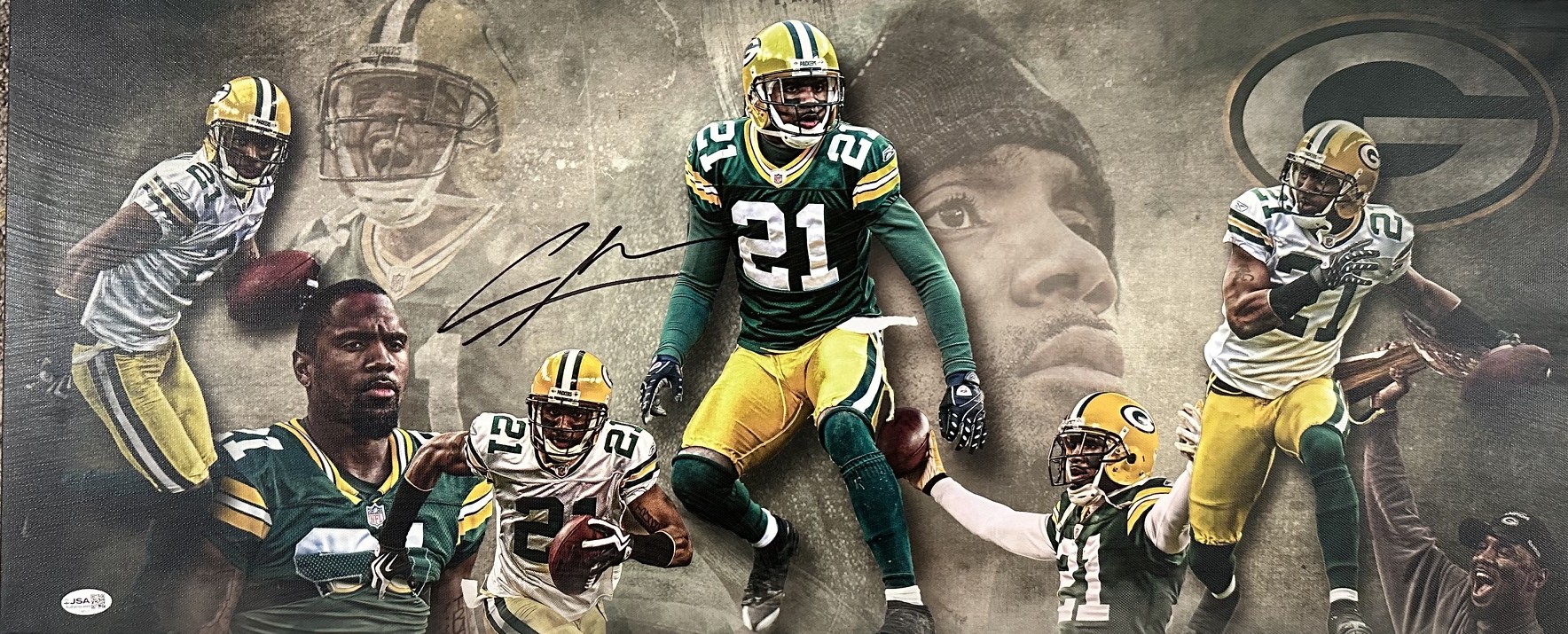 CHARLES WOODSON SIGNED 13X31 STRETCHED CUSTOM PACKERS CANVAS COLLAGE - JSA