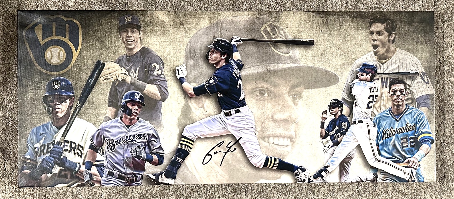 CHRISTIAN YELICH SIGNED 13X31 STRETCHED CUSTOM BREWERS CANVAS COLLAGE - BAS