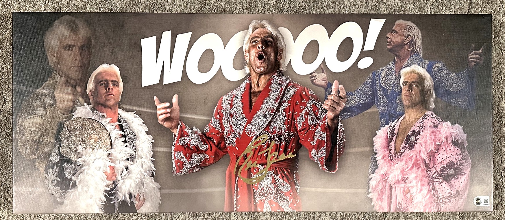 RIC FLAIR SIGNED 13X31 STRETCHED CUSTOM CANVAS COLLAGE - BAS
