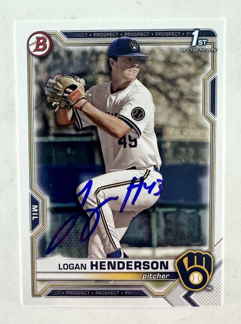 LOGAN HENDERSON SIGNED 2021 BOWMAN BREWERS ROOKIE CARD #BD-114