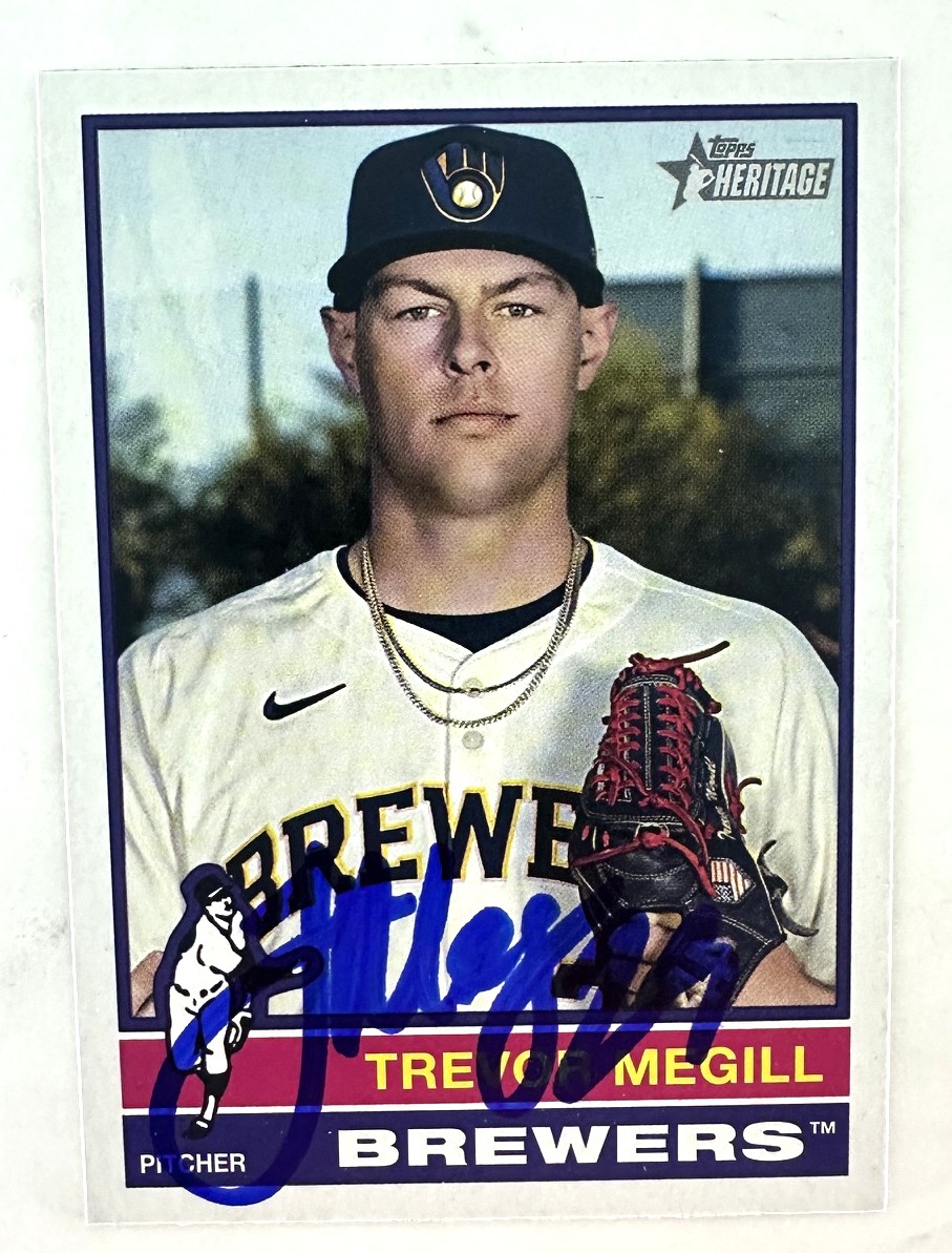 TREVOR MEGILL SIGNED 2025 TOPPS HERITAGE BREWERS CARD #210