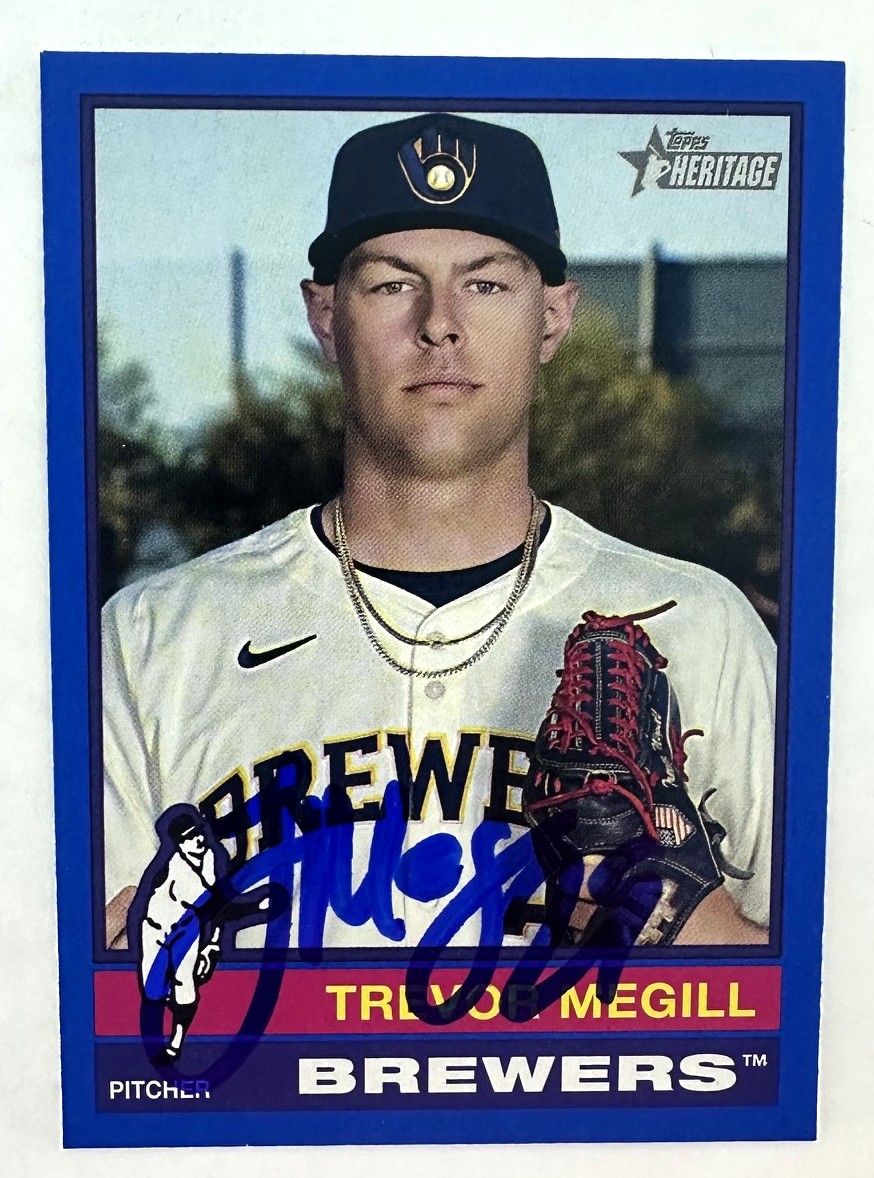 TREVOR MEGILL SIGNED 2025 TOPPS HERITAGE BREWERS CARD #210 (BLUE BORDER)