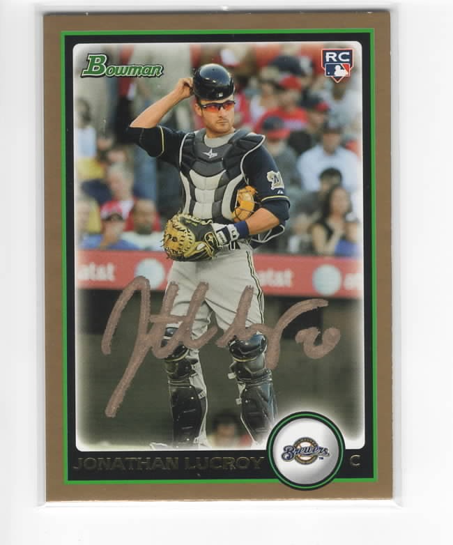 JONATHAN LUCROY SIGNED 2010 BOWMAN BREWERS ROOKIE GOLD CARD #BDP22