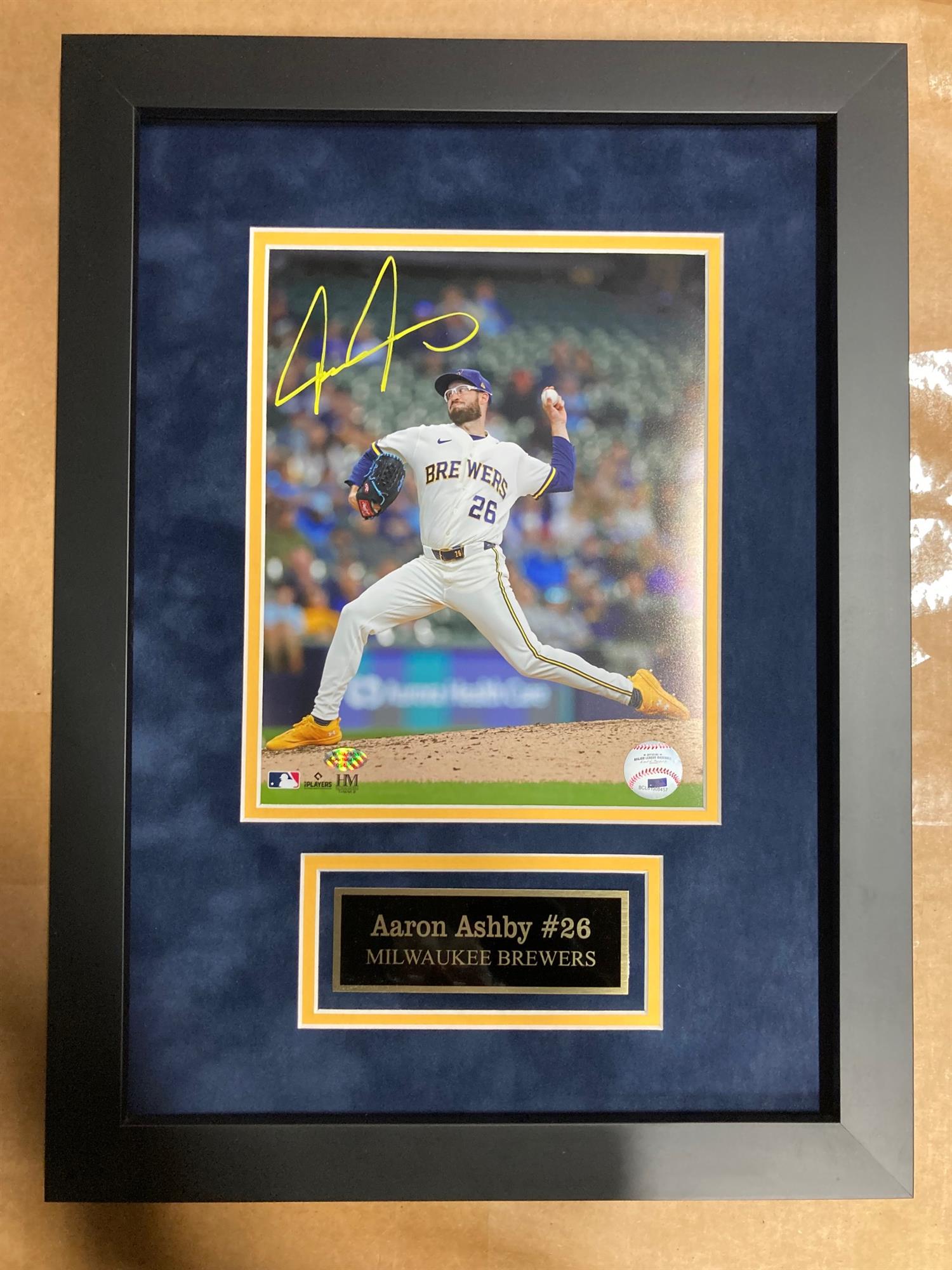 AARON ASHBY SIGNED FRAMED BREWERS 8X10 PHOTO #1