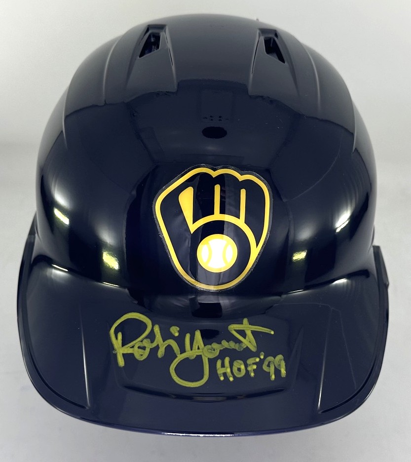 ROBIN YOUNT SIGNED RAWLINGS FULL SIZE BREWERS BLUE HELMET W/ HOF- BAS