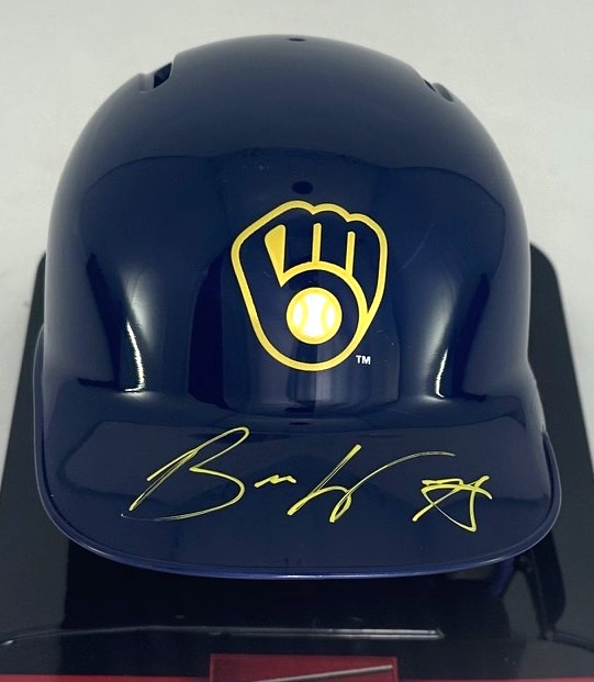 BRANDON WOODRUFF SIGNED RAWLINGS BREWERS BLUE MINI HELMET - BAS
