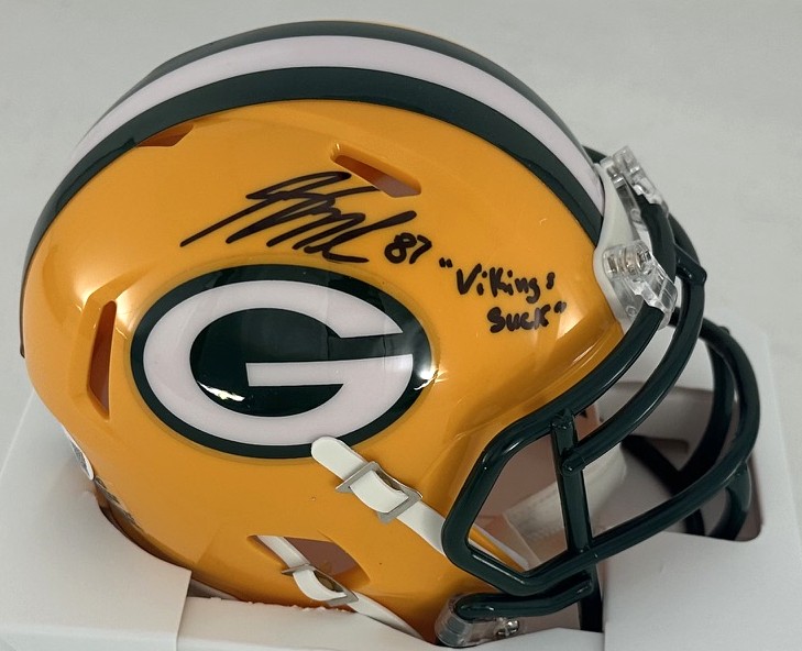 JORDY NELSON SIGNED PACKERS SPEED MINI HELMET W/ VIKINGS SUCK - BAS
