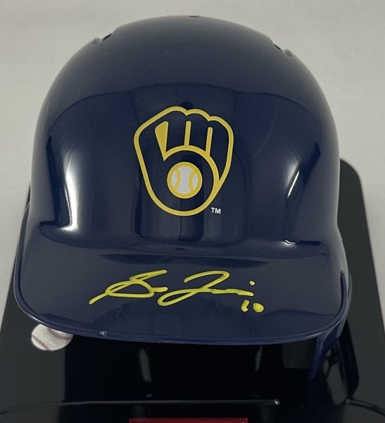 SAL FRELICK SIGNED RAWLINGS BREWERS BLUE MINI HELMET - BAS
