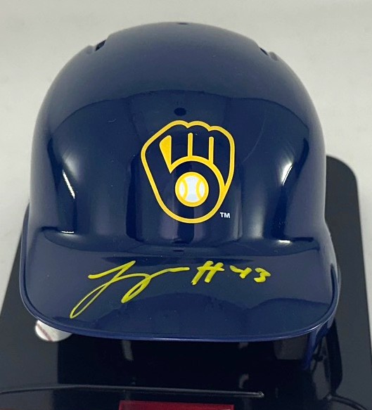 LOGAN HENDERSON SIGNED BREWERS RAWLINGS BLUE MINI HELMET - BAS
