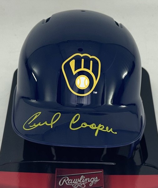 CECIL COOPER SIGNED BREWERS RAWLINGS BLUE MINI HELMET - BAS