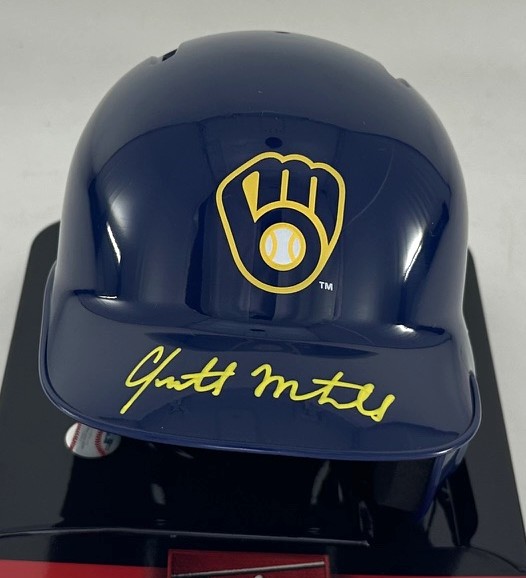 GARRETT MITCHELL SIGNED RAWLINGS BREWERS BLUE MINI HELMET - BAS