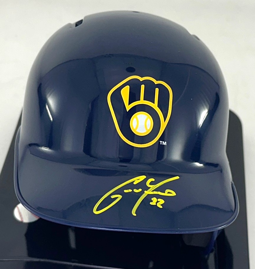 CHRISTIAN YELICH SIGNED RAWLINGS BREWERS BLUE MINI HELMET - JSA