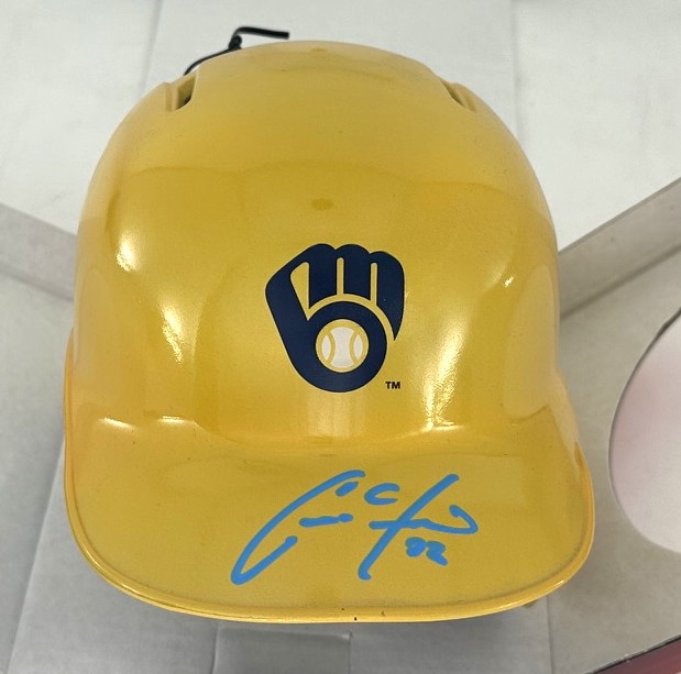 CHRISTIAN YELICH SIGNED RAWLINGS BREWERS YELLOW MINI HELMET - JSA