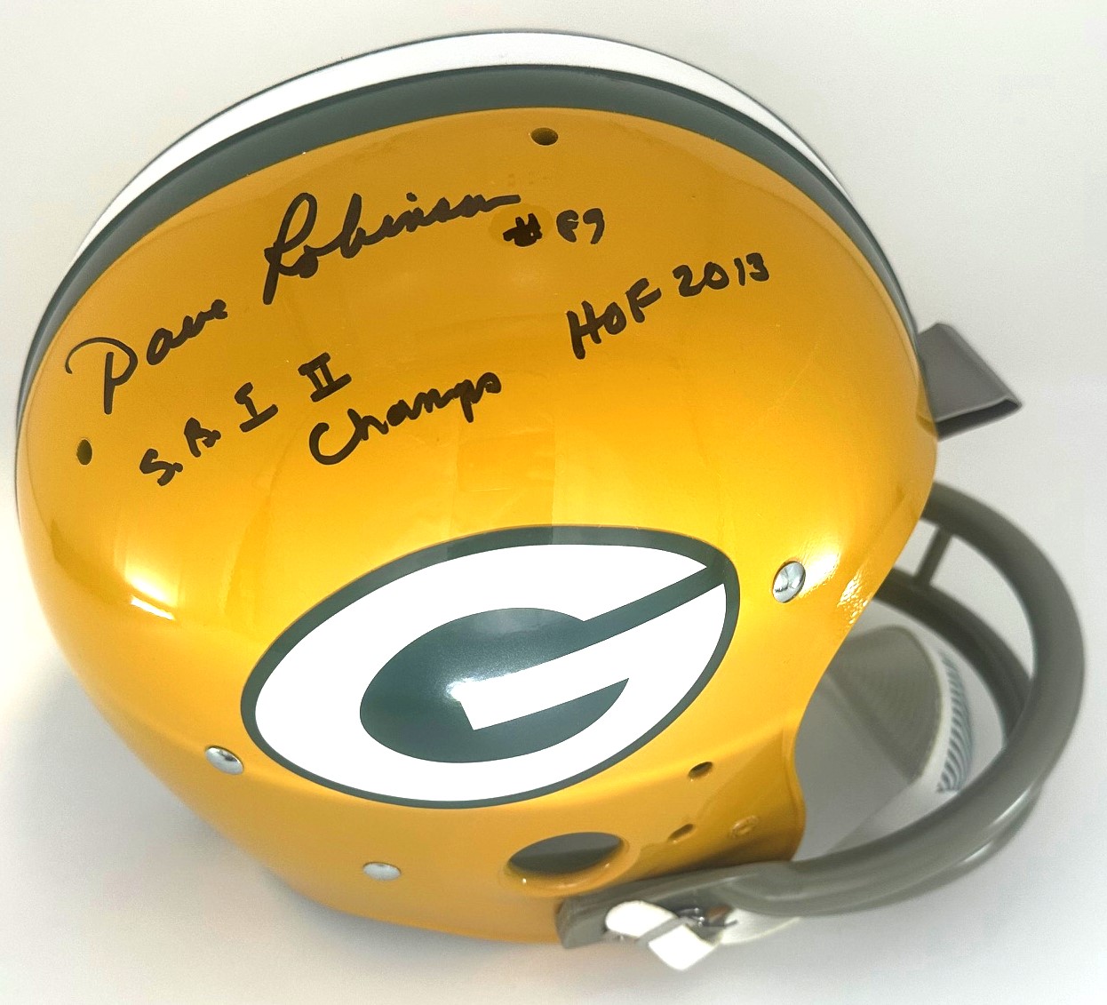 DAVE ROBINSON SIGNED FULL SIZE PACKERS TK SUSPENSION HELMET W/ 2 SCRIPTS