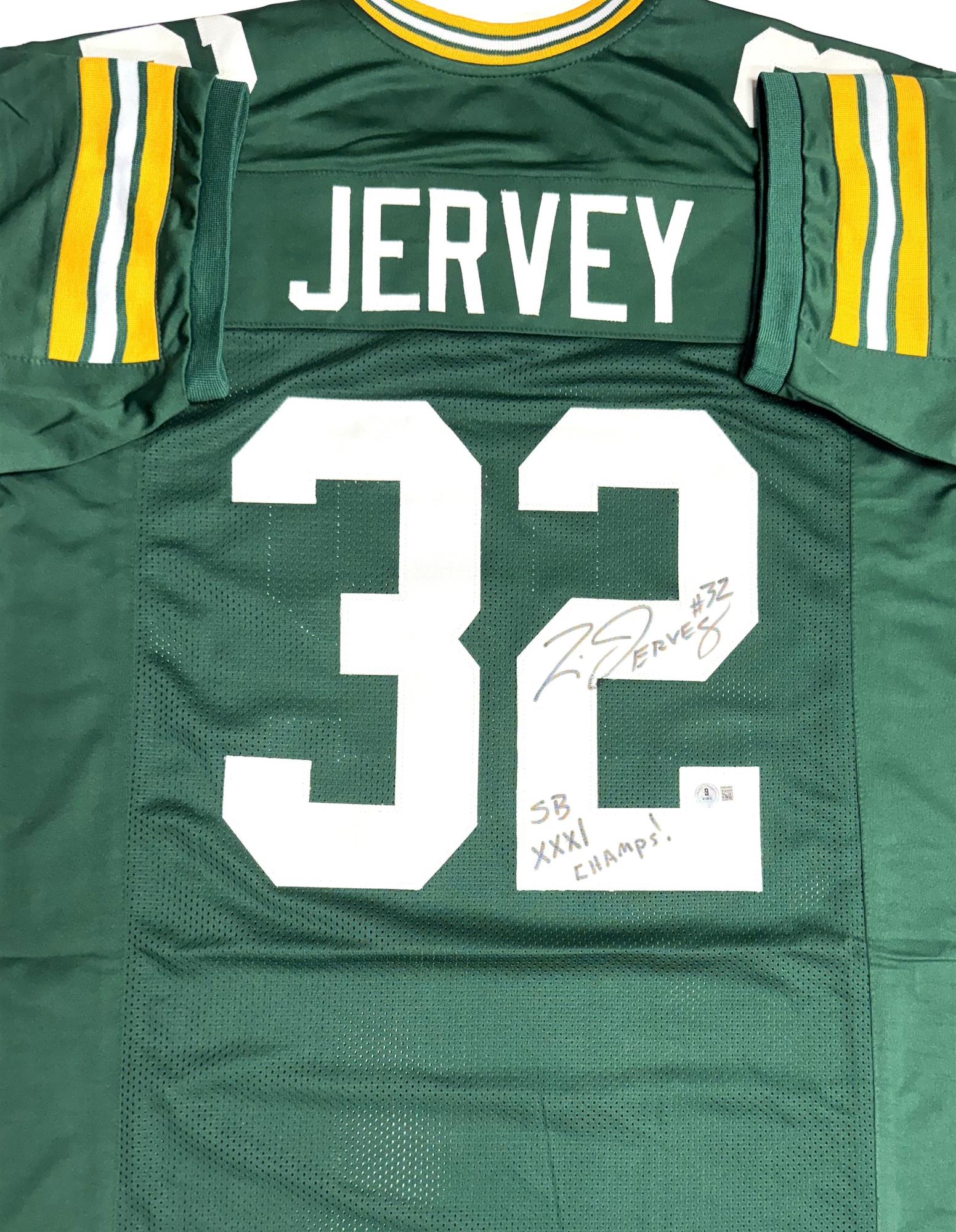 TRAVIS JERVEY SIGNED CUSTOM REPLICA PACKERS GREEN JERSEY W/ SB CHAMPS - BAS